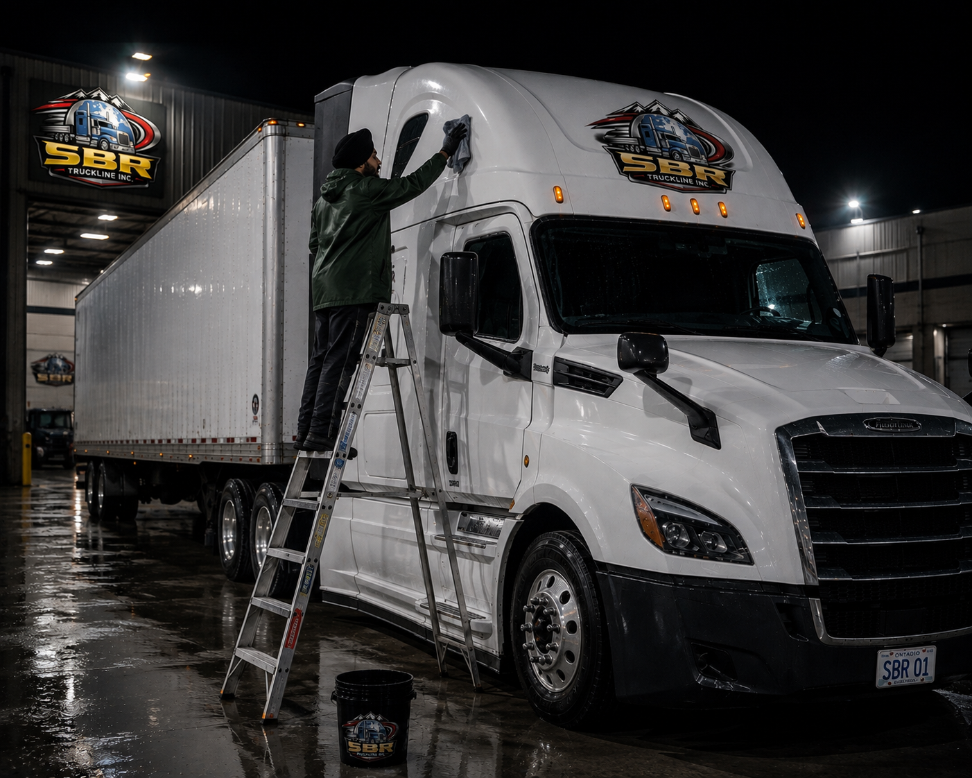 SBR team member carefully cleaning a branded Freightliner truck