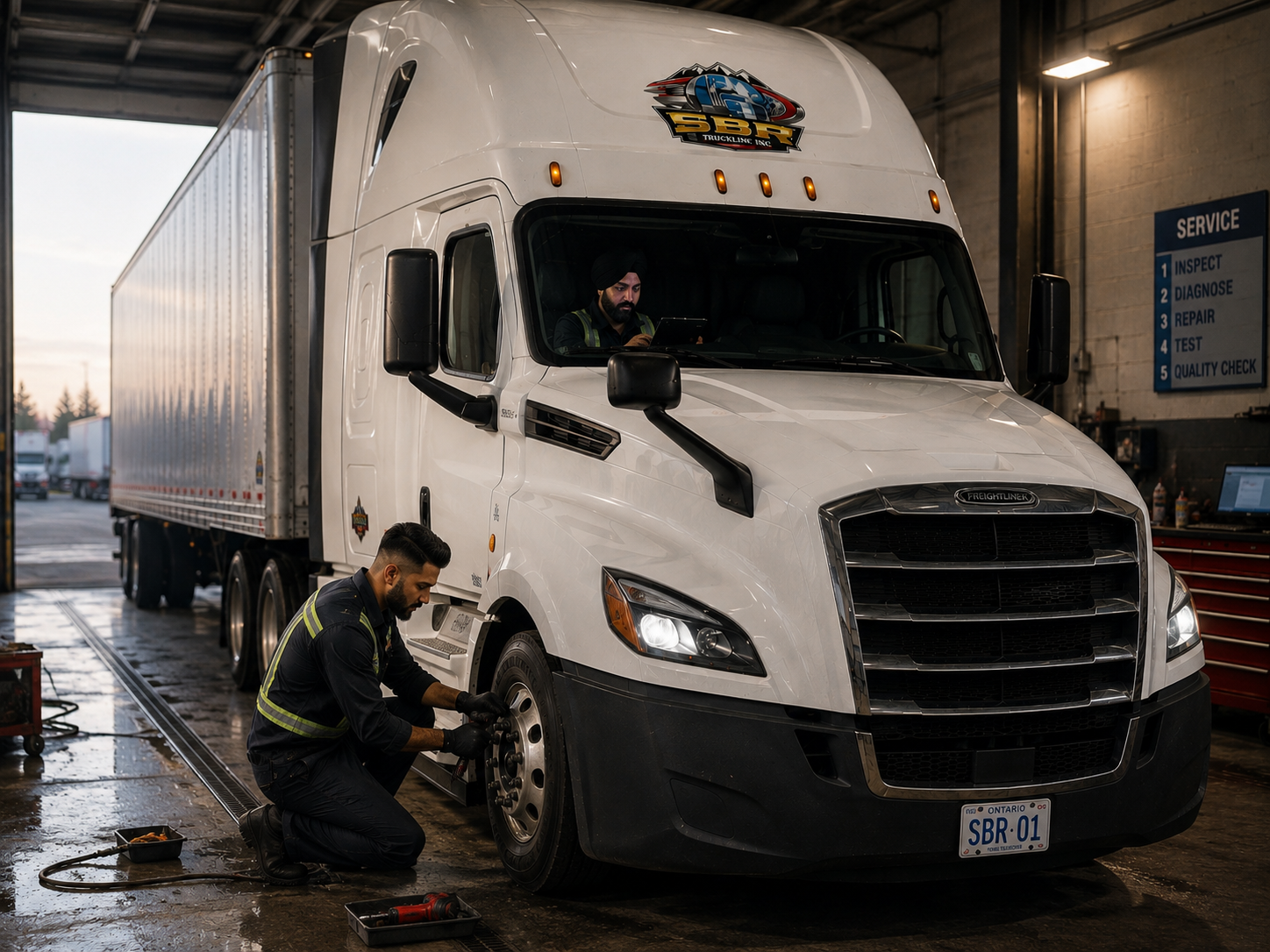 SBR operations team inspecting and maintaining a branded Freightliner truck