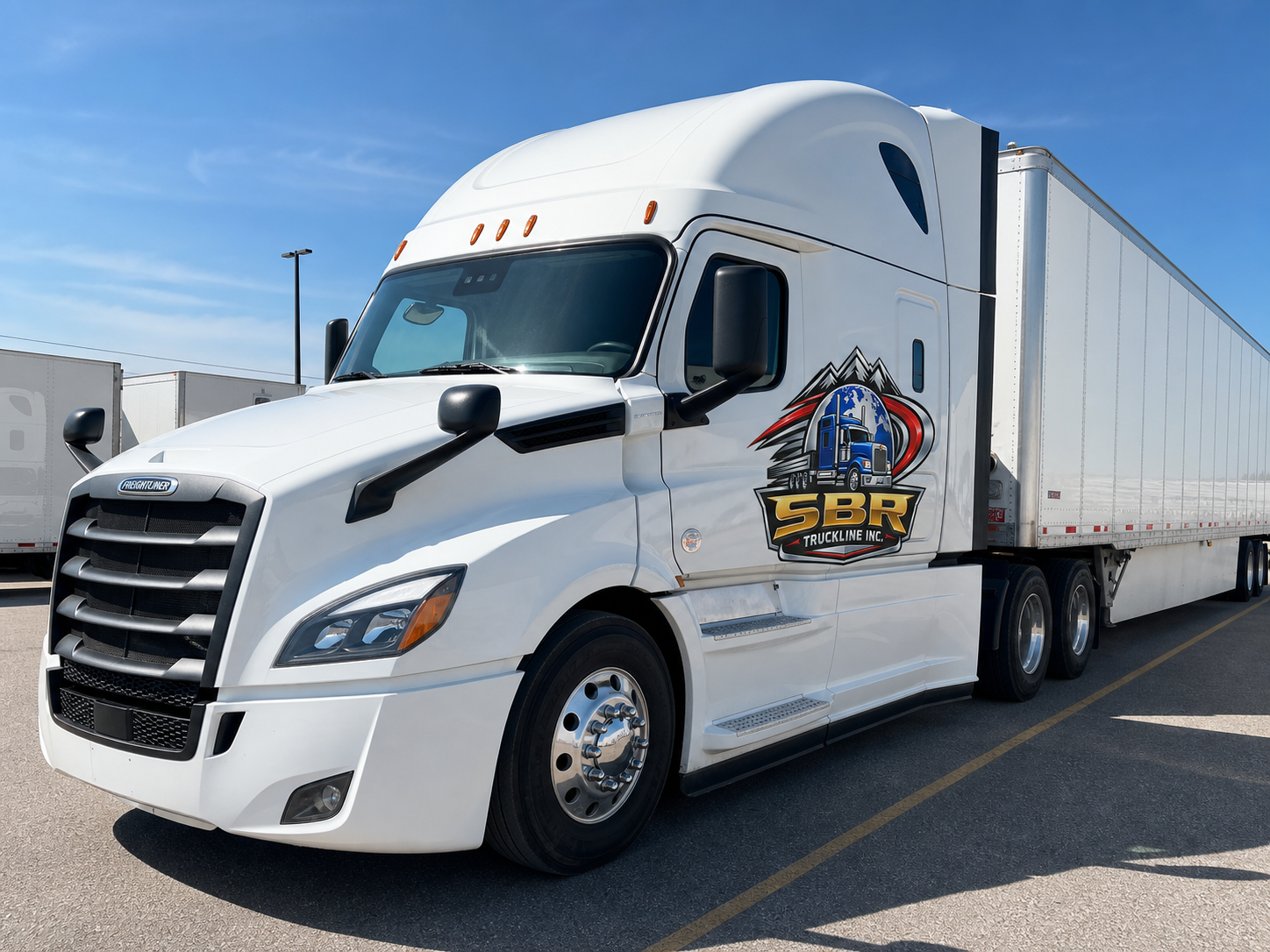 White SBR Freightliner Cascadia prepared for highway operations